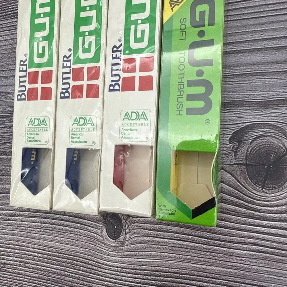 Lot 4 VTG Gum Butler 4-Row ADULT Full Size Head Toothbrush 411 Blue Yellow Red